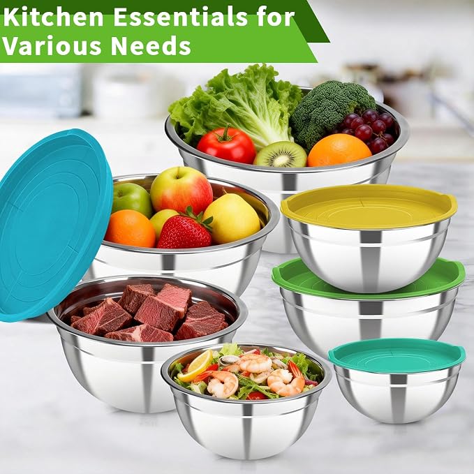 Stainless Steel Mixing Bowls with Color Lids, 7-Piece Set | Includes 7 bowls (0.7-4.5 QT) with colorful lids, stackable stainless steel mixing bowls for baking, serving and storage