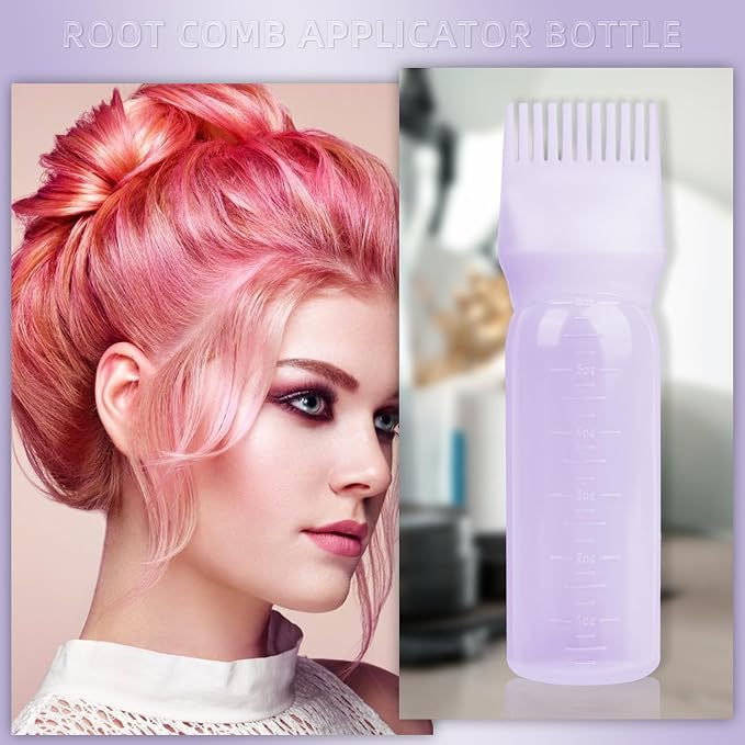 Root Comb Applicator Bottle 6 Ounce, 4 Pack - Hair Oil Applicator with Root Comb Brush for Scalp Hair Oiling - Purple
