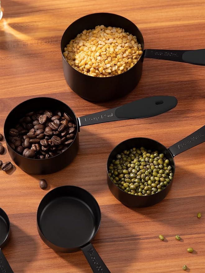 JOYHILL Measuring Cups and Spoons Set 304 Stainless Steel 10-Piece Black | BPA-Free Silicone Handles, Etched Markings, Nestable Design, Dishwasher Safe for Dry & Liquid Ingredients