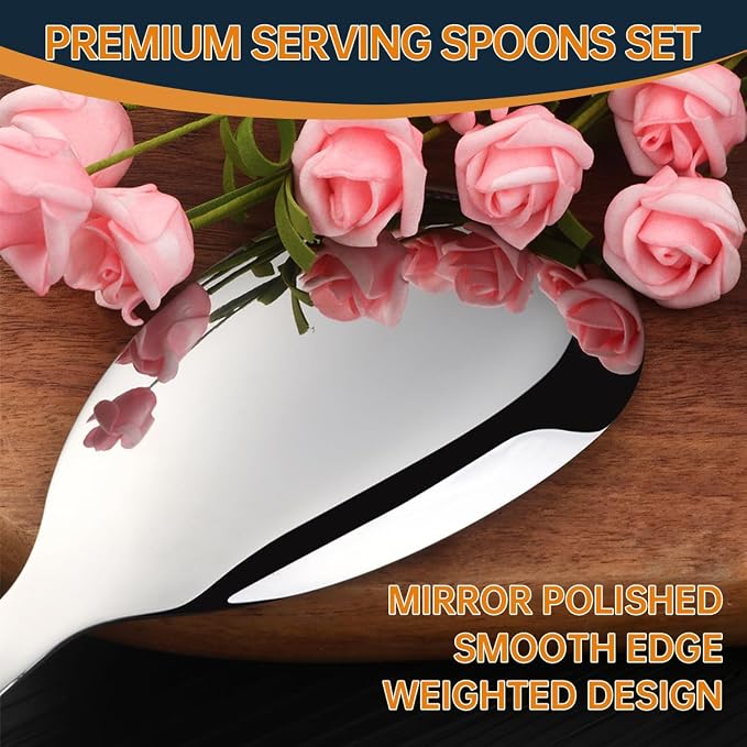13-Inch Large Stainless Steel Serving Spoons Set, Long Handle Buffet Utensils, Dishwasher Safe (Silver, 6 piece)