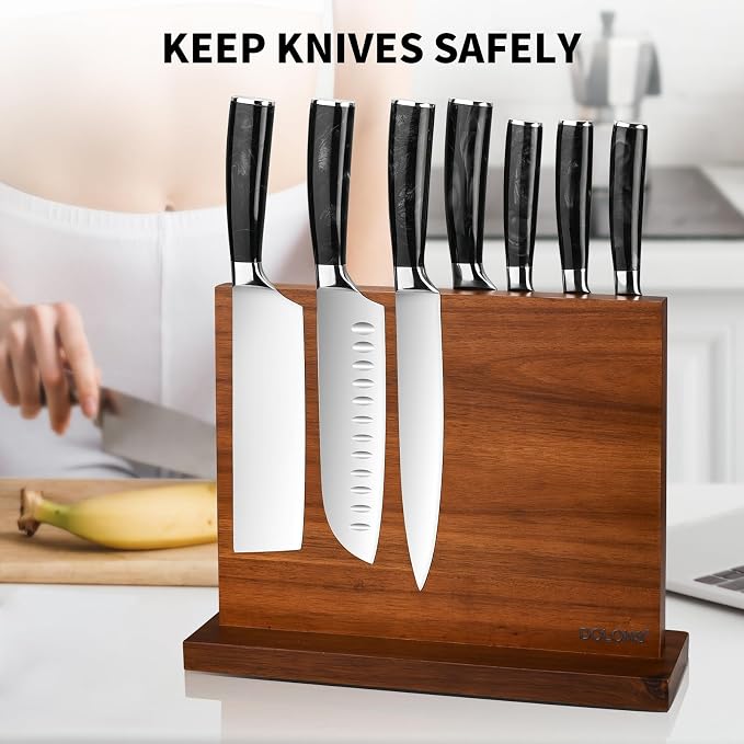 Magnetic Knife Block, Acacia Wood Kitchen Knife Holder, Multifunctional Double Side Knife Storage Organizer for Kitchen Counter ,Equipped with powerful enhanced magnets (Without knife)