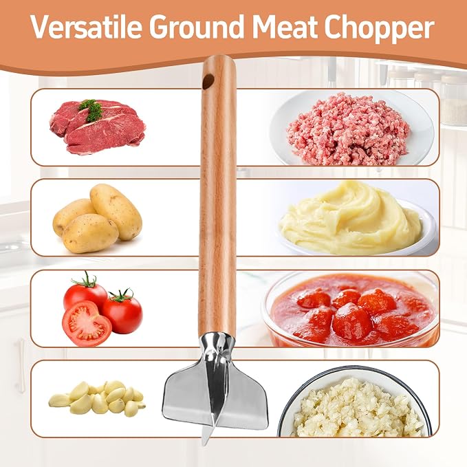 Stainless Steel Meat Chopper, Stainless Steel Meat Masher, 11 Inch, Ground Beef Chopper Tool, Metal Meat Masher, Ground Meat Smasher, Hamburger Smasher Tool