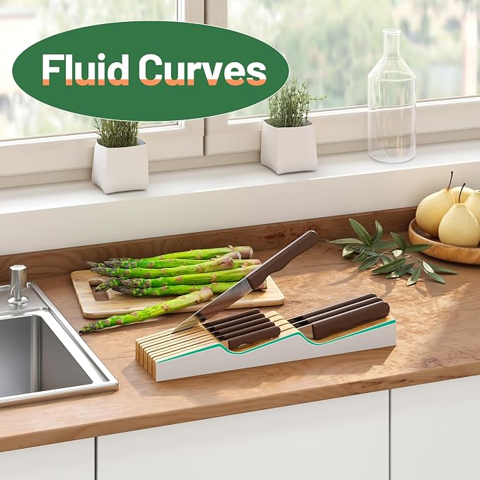 Knife Drawer Organizer, Bamboo Wood Knife Holder, Brown Knife Block Fit for 7 Knives