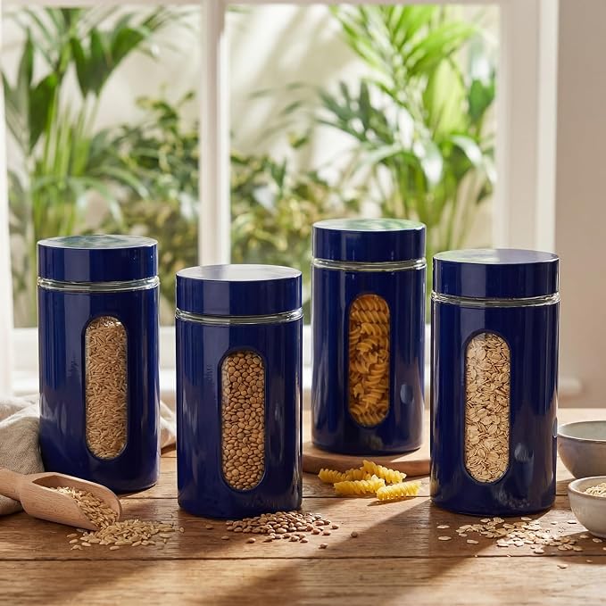6 Pack Kitchen Canisters Set Airtight Coffee Sugar Tea Storage Jars with Window Glass Stainless Steel Containers with Lids for Flour Cookies Spices Grains Kitchen Decorations (Navy Blue,32 oz)