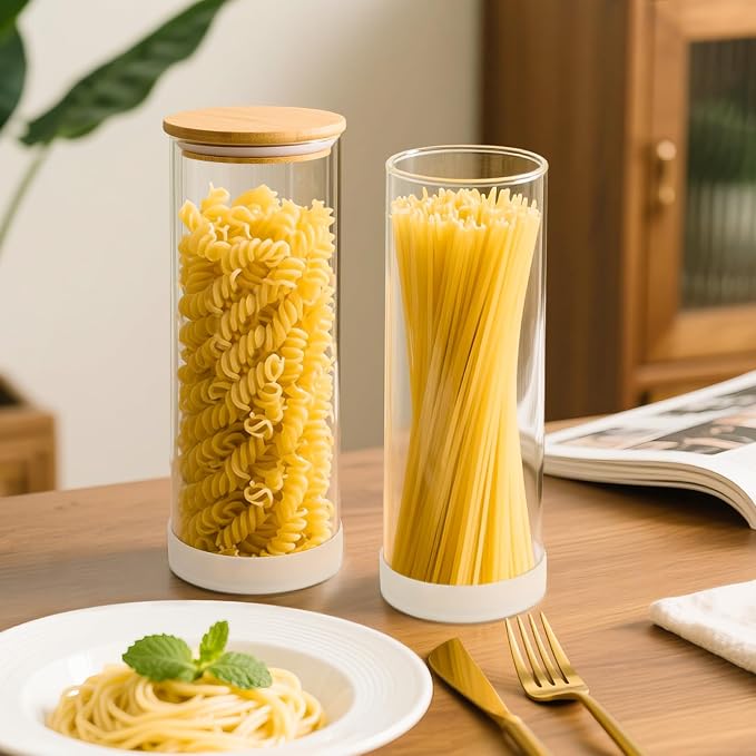 73oz Glass Spaghetti Pasta Containers for Pantry Organization, 3-Pack Large Airtight Food Jars with Bamboo Lids and Protective Silicone Base, Clear Storage Canisters for Flour, Cereal, Rice
