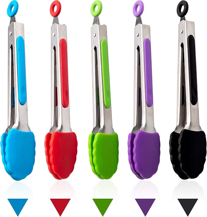 Kitchen Tongs Set 7-Inch Mini Small Tongs Heavy Duty Colorful Stainless Steel Silicone Cooking Tongs with Non-Stick Silicone Tips for Food, Serving, BBQ, Salad, Grilling and More (Multi-Color × 5)