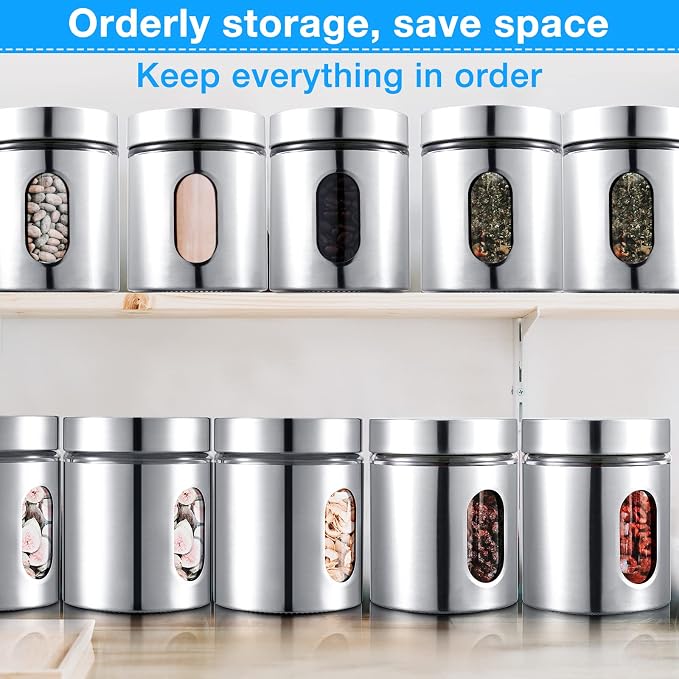 6 Pack Kitchen Canisters Set Airtight Coffee Sugar Tea Candy Storage Jars with Window Glass Stainless Steel Containers with Lids for Flour Cookies Spices Grains Kitchen Decorations(20 oz)