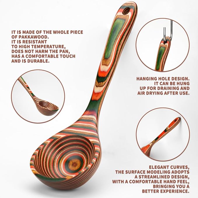 Pakkawood Ladle, Colorful Multicolor, 10.2 Inch, Hand Polished with Vegetable Oil Finish, Hanging Hole, Streamlined Design