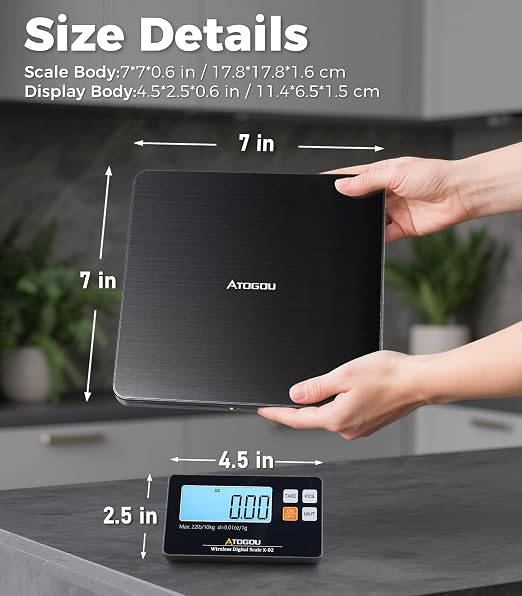 Atogou Wireless Kitchen Scale, 22lb/10kg Food Scale with Detachable Display | 0.01oz/1g Precision, Larger Platform, 9 Units, Counting Function, Stainless Steel, for Cooking, Baking, Shipping, Black