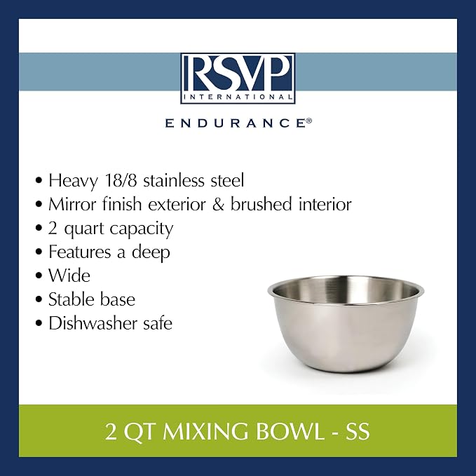 RSVP International Endurance Stainless Steel Mixing Bowls, 2 Quart