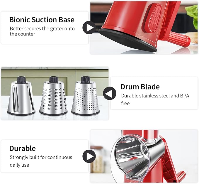 Weltonhm Rotary Cheese Grater with 3 Blades, Large Hand Crank Cheese Grater with Waffle Slicer, Black and White Cheese Slicer with Suction Base, Easier for Shredding& Grating (red, 3 Graters)