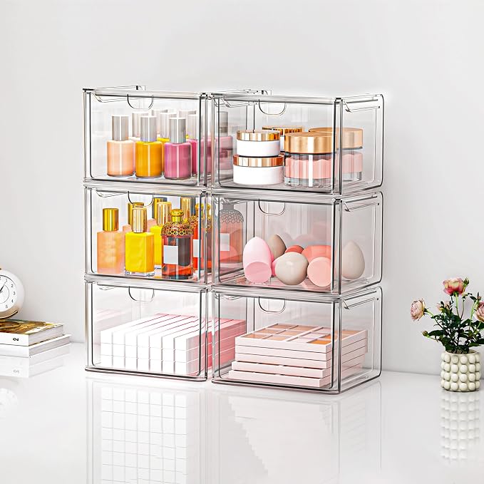6-Pack Stackable Acrylic Storage Drawers, Small | Smooth-glide drawers, stackable, clear body, dustproof, wipe clean, 6 small, for art tools, makeup, under sink, pantry