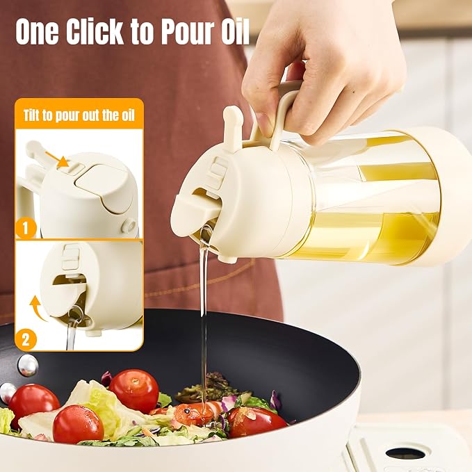 PARACITY Oil Dispenser Bottle and Glass Olive Oil Sprayer, 2-in-1 White | Silicone bottom improves grip; wide mouth eases refills, with spray and pour modes for BBQ, air fryer, salad, and baking.