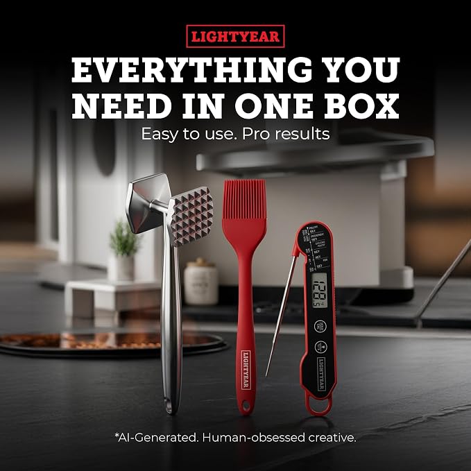 Lightyear Grillmaster Starter Pack | 3-Piece BBQ Bundle with Meat Hammer, Instant-Read Meat Thermometer & Silicone Basting Brush — Stainless Steel Grilling Gift Set