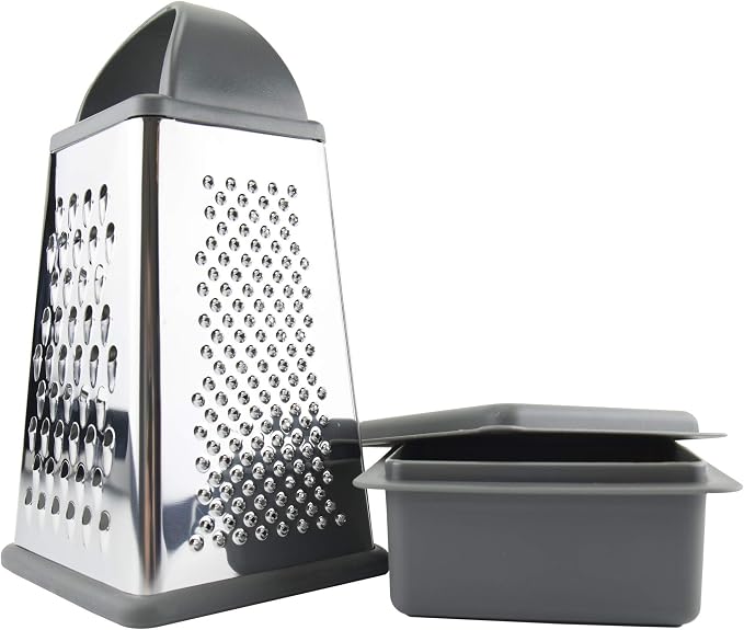 Tovolo Box Grater with Storage Bin Stainless Steel 4 Sided Cheese Shredder for Shredding Slicing Vegetables Ginger Parmesan, Easy to Clean Dishwasher Safe Box Grater with Bowl & Lid, Charcoal Gray