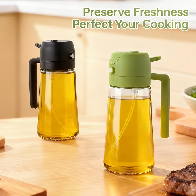 2Pcs Glass Oil Sprayer for Cooking 16oz/470ml, Kitchen Gadget for Air Fryer, Salad, BBQ, Frying(White) (Black+Green)