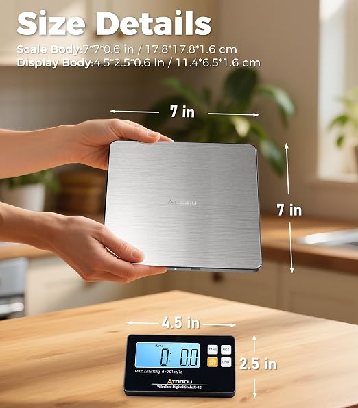 Atogou Wireless Kitchen Scale, 22lb/10kg Food Scale with Detachable Display | 0.01oz/1g Precision, Larger Platform, 9 Units, Counting Function, Stainless Steel, for Cooking, Baking, Shipping, Silver