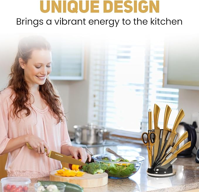 Luxury Silver & Gold Kitchen Knife Set with Block & Rod Sharpener β 8-Piece Titanium-Coated Stainless Steel Knives Set, Super Sharp Cutlery Tools, Stylish Knives Set for Kitchen