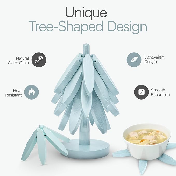 Wooden Trivets for Hot Dishes – Tree Trivet Set with 4 Foldable Wooden Trivets & 1 Stand, Heat-Resistant, Space-Saving Trivet Tree for Pots, Bowls & Teapots (Soft Aqua)
