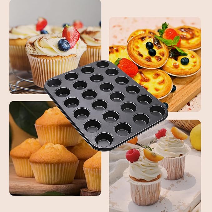 Nonstick 24 Cups Mini Muffin Pan with Extended Handles for Easy Grip, Carbon Steel Steel to Promoted Even Baking, Dishwasher Safe (Black)