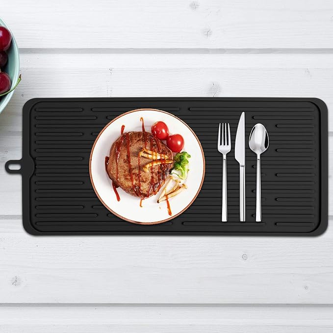 Silicone Dish Drying Mat 18”x8”, Heat Resistant Trivets for Kitchen Counter, Draining Mat, Sink Mat, Hot Pads for Multiple Usage (Black)