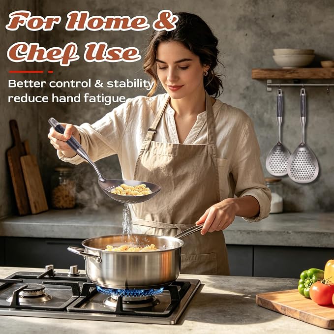 MARTE Skimmer Slotted Spoon -17in 304 Stainless Steel Pasta Spider Strainer Skimmer Ladle Spoon for Cooking and Frying - Large Kitchen Metal Scoop Colander Strainer Spoon with Black Wooden Handle