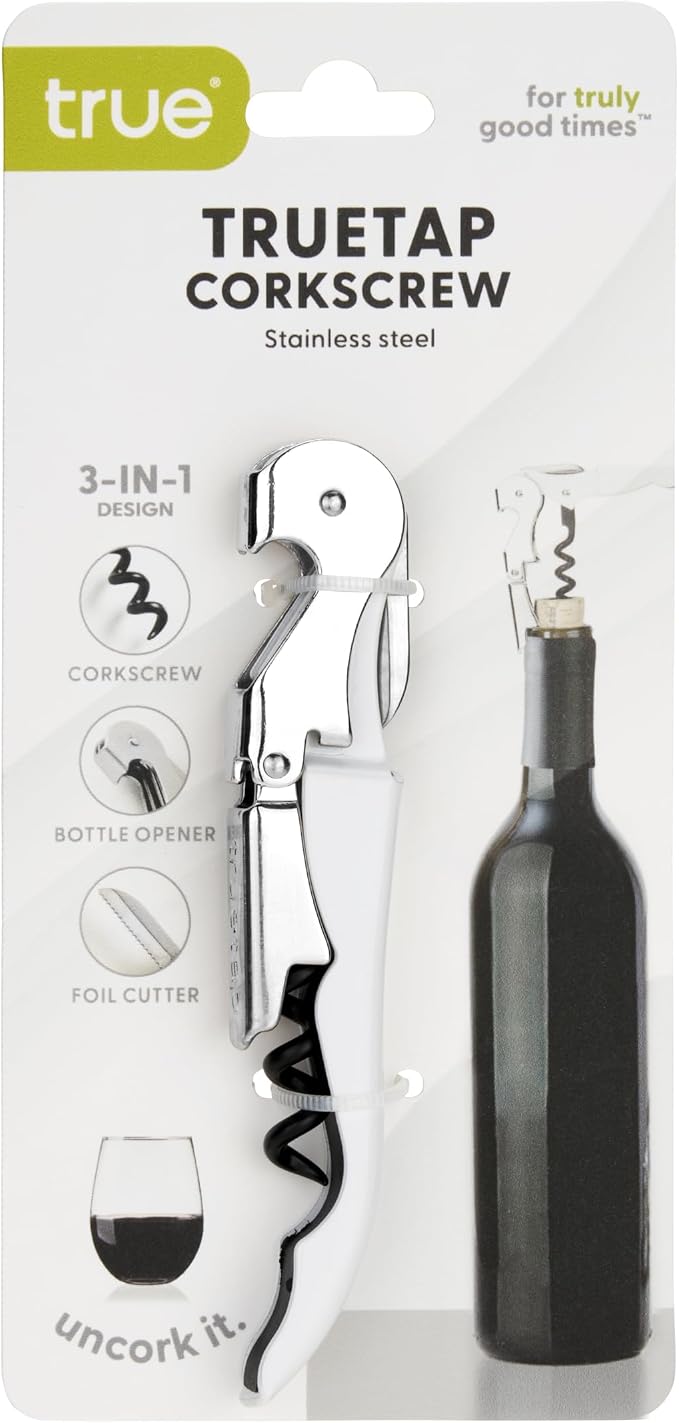 True Truetap Double Hinged Waiter's Corkscrew Wine Opener, Stainless Steel Wine Bottle Opener with Built In Foil Cutter, Home Bar Tools, Bar Cart Accessories, Wedding Gifts, Set of 1, White