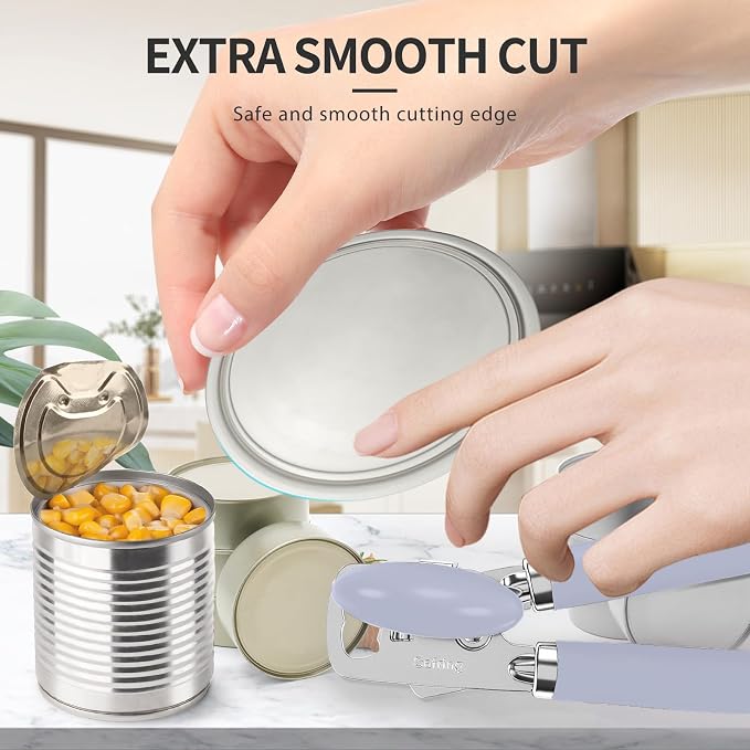 Safring Can Opener Manual, Heavy Duty Stainless Steel Smooth Edge Can Opener With Soft Touch Handle, Oversized Handheld Easy Turn Knob, Multi-Function Bottle Opener, Lavender