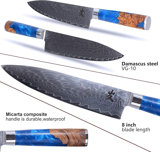 SAMCOOK Damascus Chef Knife - 8 Inch Professional Sharp Gyuto Knife,High Carbon Stainless Steel Kitchen Cooking knife - Ergonomic Blue Resin Wood Handle with Gift Box