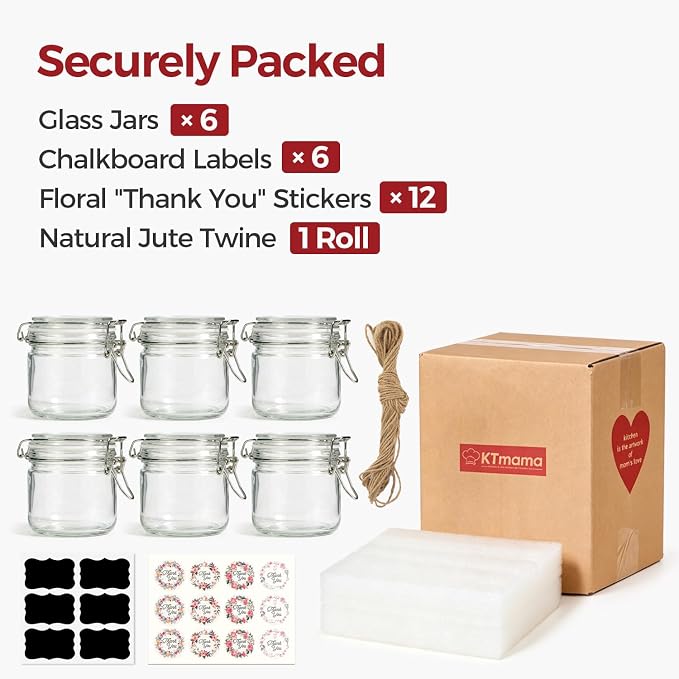 Small Glass Jars with Airtight Lids 17oz 6 Pack Overnight Oats Jars | Leak Proof,BPA-Free,Clamp Lid, Sugar Cookies Candy Nuts Snacks Storage, Pantry Organization, Wide Mouth, Labels Included