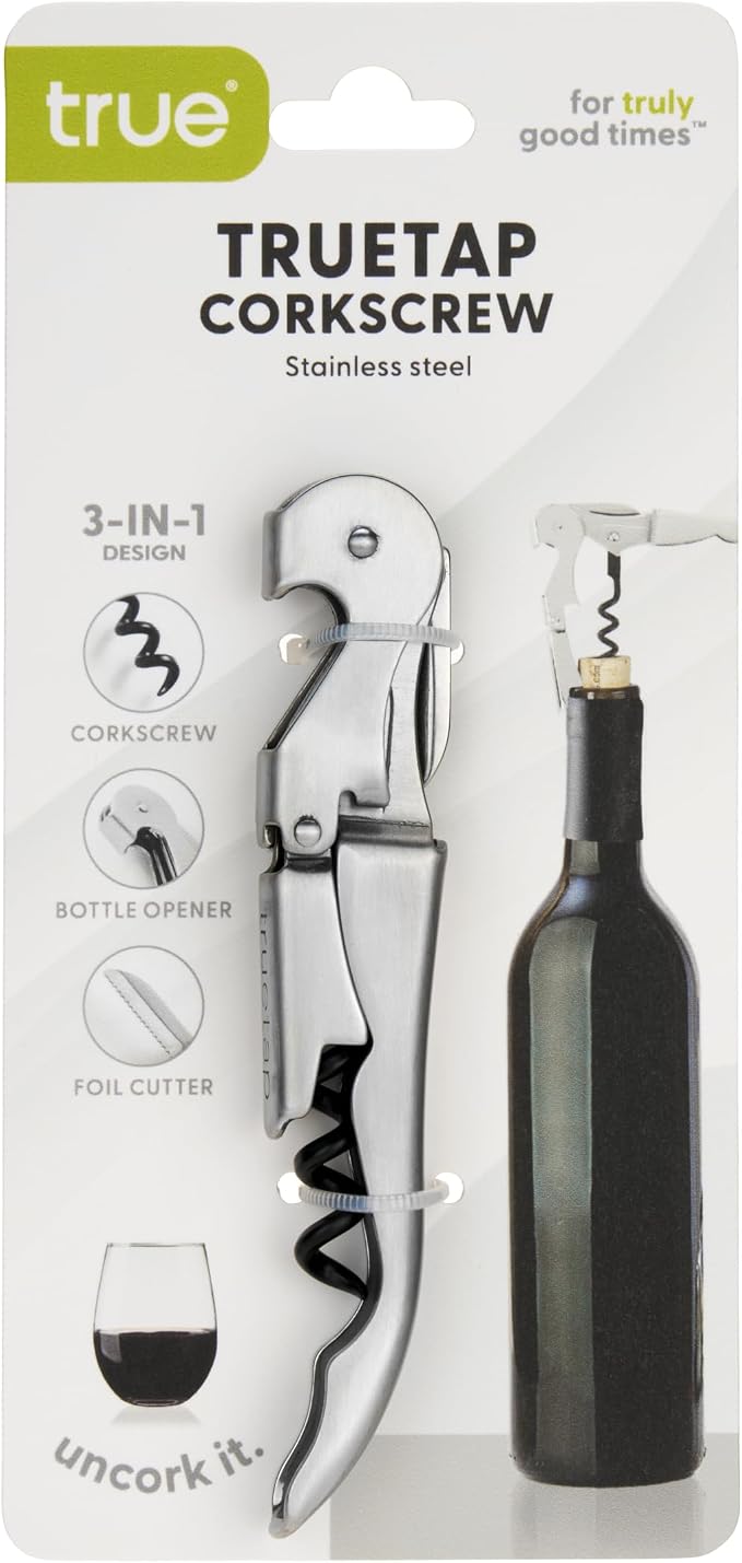 True Truetap Double Hinged Waiter's Corkscrew Wine Opener, Stainless Steel Wine Bottle Opener with Built In Foil Cutter, Home Bar Tools, Bar Cart Accessories, Wedding Gifts, Set of 1, Silver