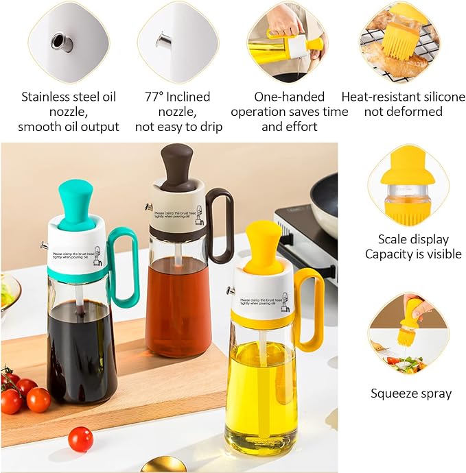 Oil Dispenser Bottle with Silicone Brush, 2 in 1 Dropper Measuring Glass Oil Bottle for Kitchen BBQ Grill Baking Air Fryer Oven (Yellow)