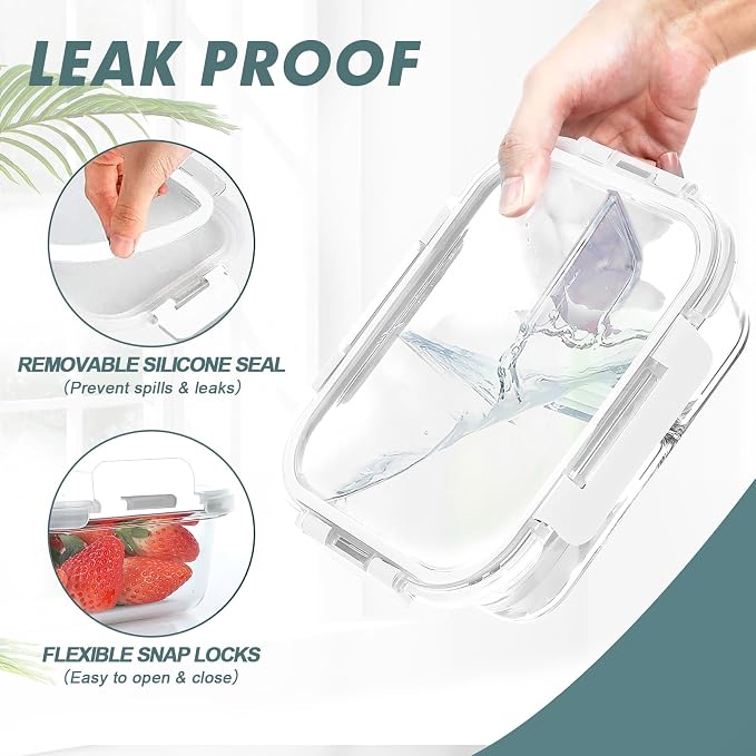 Glass Meal Prep Containers 3 Compartments, 5 Pack 36 oz, White | Glass Food Storage Containers with Lids, Airtight Lunch Bento Box, Portion Control, Freezer and Microwave Safe