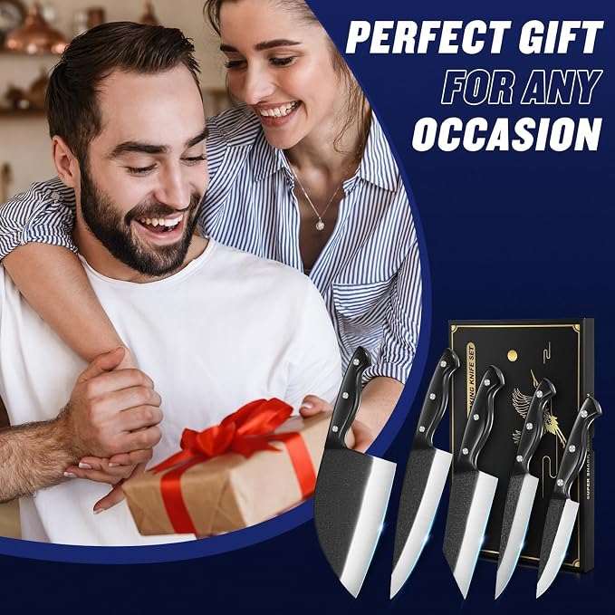 SSGP Butcher Knife Set of 5- Japanese Knife Set for Meat Cutting, Hand Forged Viking Knives Sets with Meat Cleaver, Heavy-Duty Kitchen Knives Sets for Bone BBQ Vegetable, Gifts for Men