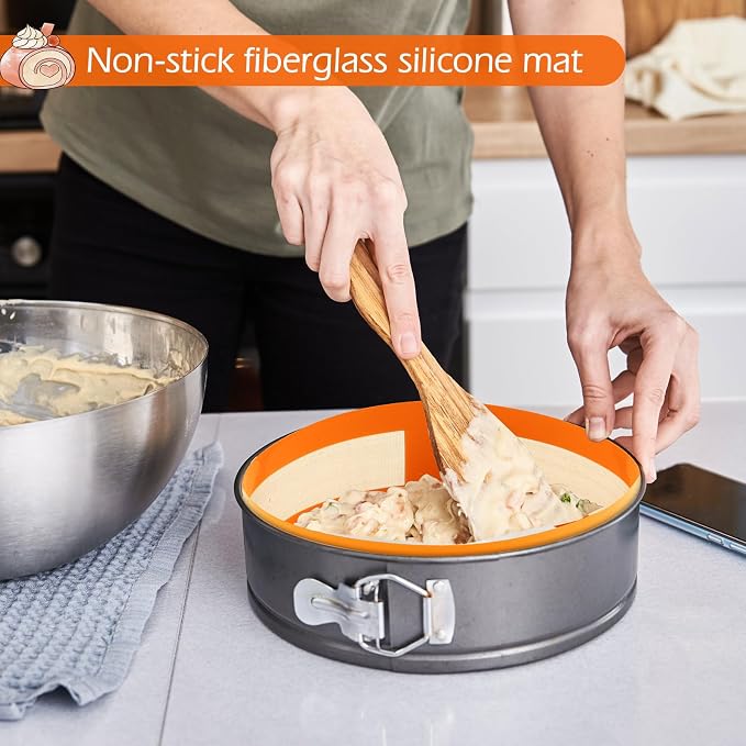 Honeydak 3 Set Silicone Baking Mat for 4, 7, 9 Inch Springform Pan Protector Nonstick Reusable Cake Pan Liners for Cheesecake Baking Prevent Sticking to Bottom & Side, Easy Release & Clean(Orange)