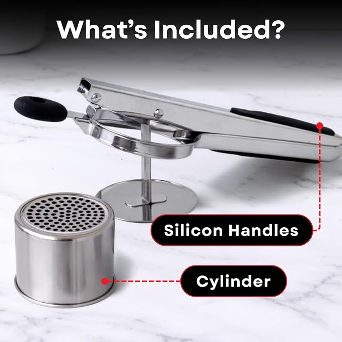 Large 15oz Potato Ricer - Professional 430 Stainless Steel Masher for Fluffy Mashed Potatoes, Gnocchi, Guacamole & Baby Food - Ergonomic Non-Slip Handles, Heavy Duty & Dishwasher Safe Kitchen Press