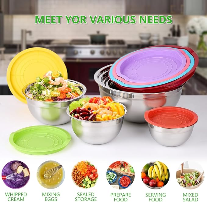 Leidawn Mixing Bowls with Lids Set, 25 PCS Colorful Mixing Bowl for Kitchen | Stainless Steel Nesting Bowls for Baking, Mixing, Serving & Prepping, Size 5, 3.7, 2.8, 2.3, 1.7, 1.1, 0.7QT, 11 Utensils