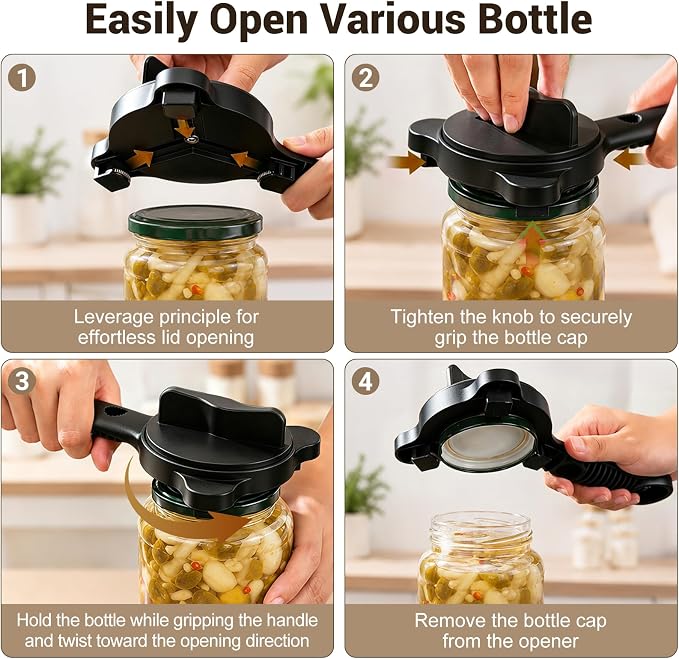 4-In-1 Adjustable Jar Opener for Seniors & Weak Hands, Lid Opener with Non-Slip Grip, Stainless Steel Jar Lid Opener, for Jars, Bottles & Cans (Black)