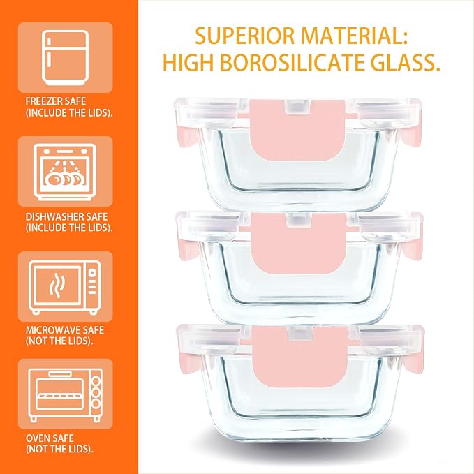 3 Pack Bariatric Meal Prep Containers, 8oz Glass Snack Containers | Glass Bariatric Portion Control Containers with Two 4 oz Compartments, Reusable Lunch Box Bento Box with Lids,Pink