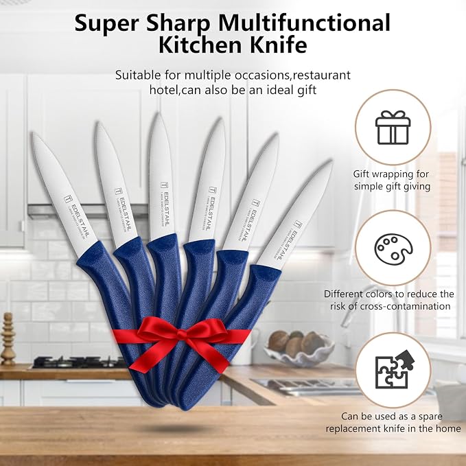 Paring Knife Set, Stainless Steel Paring Knives Set of 6,Sharp Vegetable&Fruit Knife,Small Kitchen Knife,Straight Edge Paring Knives,Ergonomic Handle Paring Knifes Set,Blue Peeling Knife