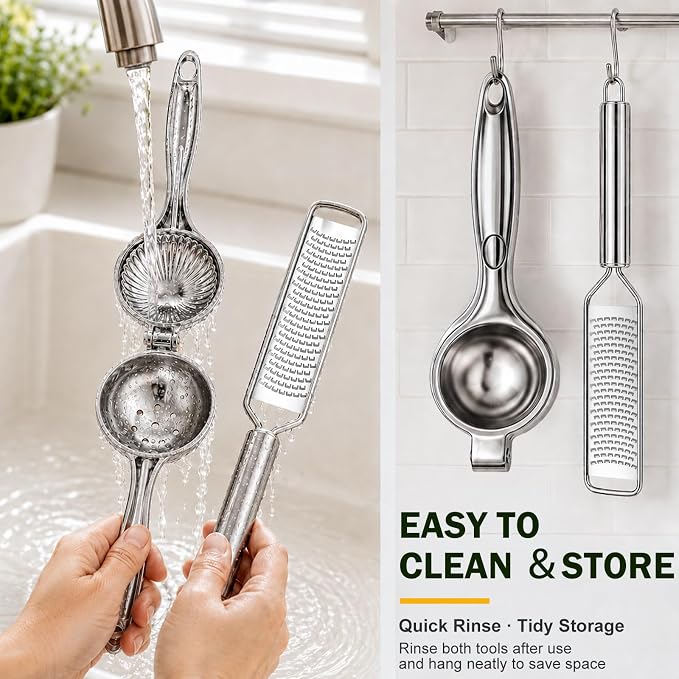 Lemon Squeezer & Zester Set, Large Bowl Stainless Steel Citrus Juicer, Heavy Duty Handheld Lime Press with Seed Filter, Lime Juicer and Citrus Grater for Cocktails, Cooking & Cheese