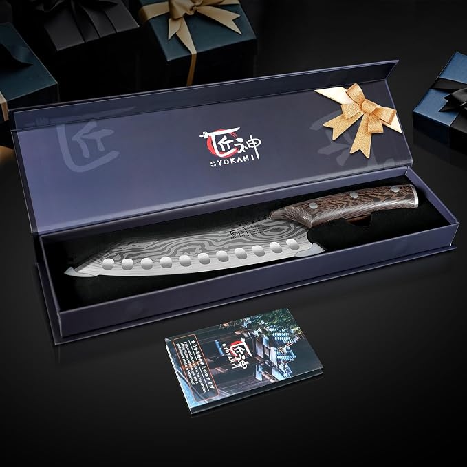 SYOKAMI Japanese Kitchen Knife, 8.2 Inch Chef Knife, Carbon Steel Kiritsuke, Razor Sharp Santoku for Precision Cutting, Damascus Pattern, Full Tang Wood Handle, Housewarming Cooking Gifts