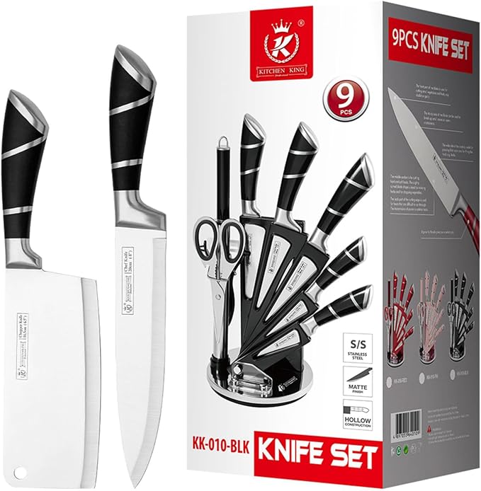 Kitchen Knife Set, 9Pcs Black Knife Set with Rotation Block, Ergonomical Handle,Non Stick Sharp Stainless Steel Chef Knife Block Set for Home Cooking Gift