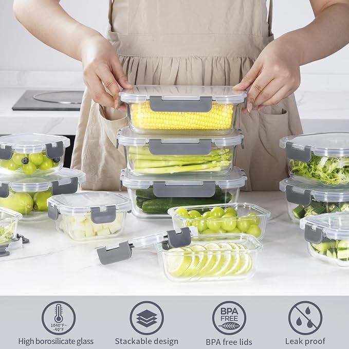 AILTEC 12 Pack Glass Meal Prep Containers Set, Airtight Snap Lids, 4 Sizes | 35.5/27.1/12.5/10.8oz, Leak Proof, BPA-Free, Microwave, Oven, Freezer & Dishwasher Safe, For Meal Prep, Leftovers & Lunch