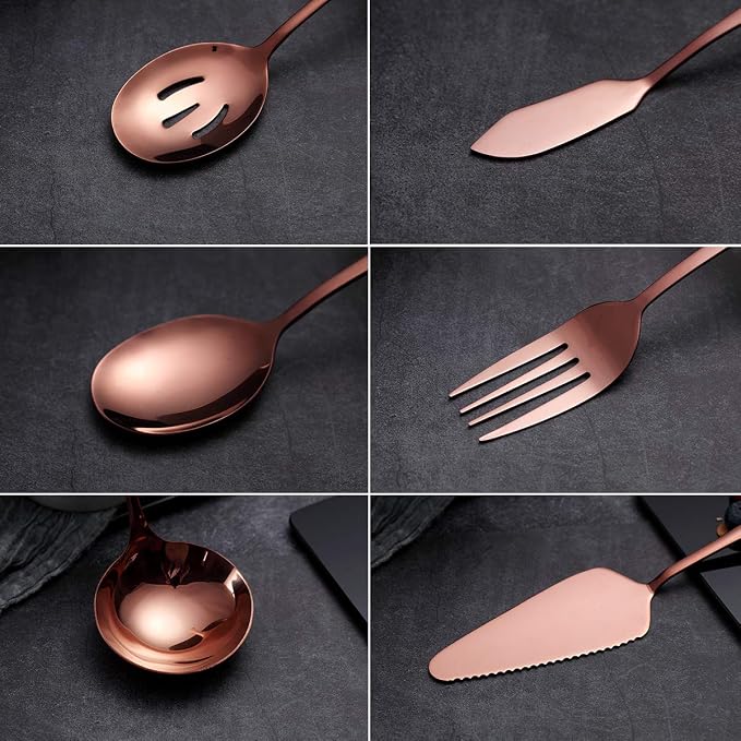 6-Piece Copper Serving Flatware Silverware Set,Stainless Steel Serving Utensil Set,Include Cake Server, Slotted Serving Spoon, Serving Spoon, Cold Meat Fork, Butter Knife, Soup Ladle