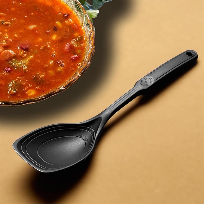2 Pack Large Silicone Cooking Spoon, Non-Stick Slotted and Solid Spoon set with Deep Bolw and Measurement Mark for Mixing, Serving, Draining, Scooping, Scraping, Heat Resistant Kitchen Utensils, Black