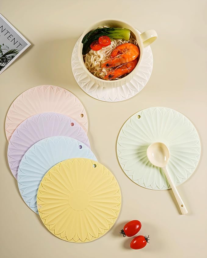 Trivet for Hot Dishes and Pots, 7 Inch Round Silicone, Blue | Food-grade silicone, heat resistant to 446F. Use as trivet, coffee mat, or placemat. Anti-slip, dishwasher safe, stackable.