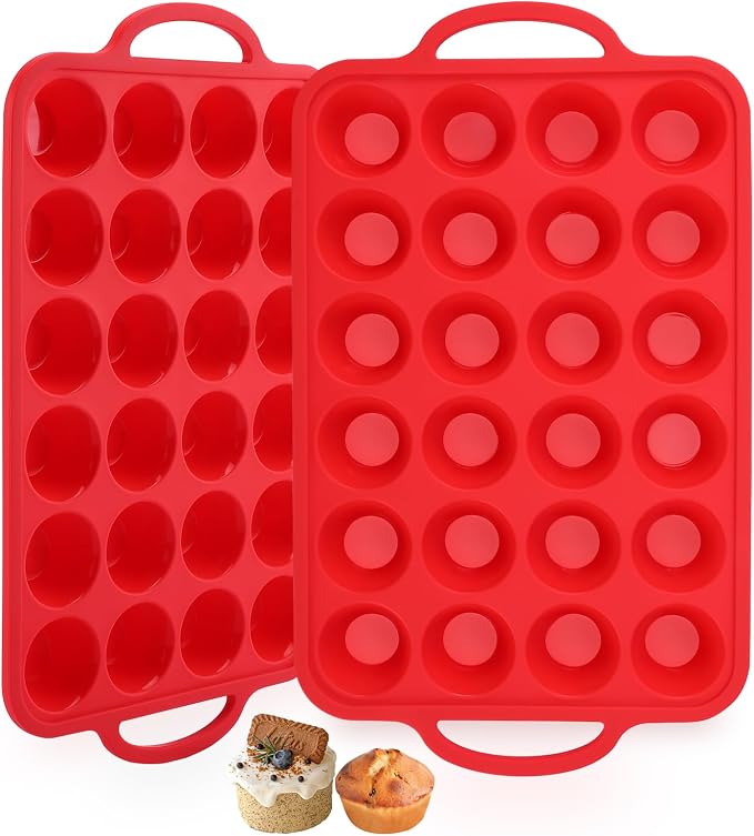 Redfly Silicone Mini Muffin Pans for Baking 24 Cup with Steel Frame Non-Stick,2Pack Small Cupcake Pan, Food Grade, Easy Release,Dishwasher Oven Freezer Microwave Safe for Muffin Tin Cake Pop Molds