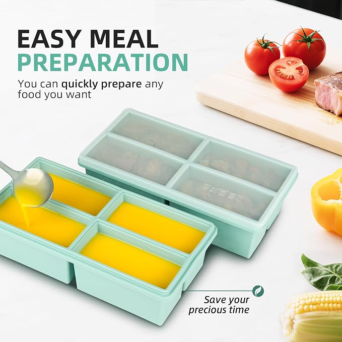 Silicone Freezer Trays with Lids - 1 cup soup freezer container large ice cube molds - with Reinforced Steel Ring Top, Silicone Freezer Containers, Freeze and Store Soups, Sauces, Leftovers-2 Packs