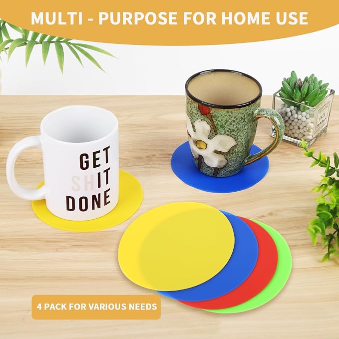 Jar Opener Gripper Pads 4-Pack, 5 Inch Round Silicone Non-Slip Bottle Lid Opener for Easy Opening, Heat-Resistant Cup Coasters, Food-Grade Silicone, Reusable Kitchen Helper